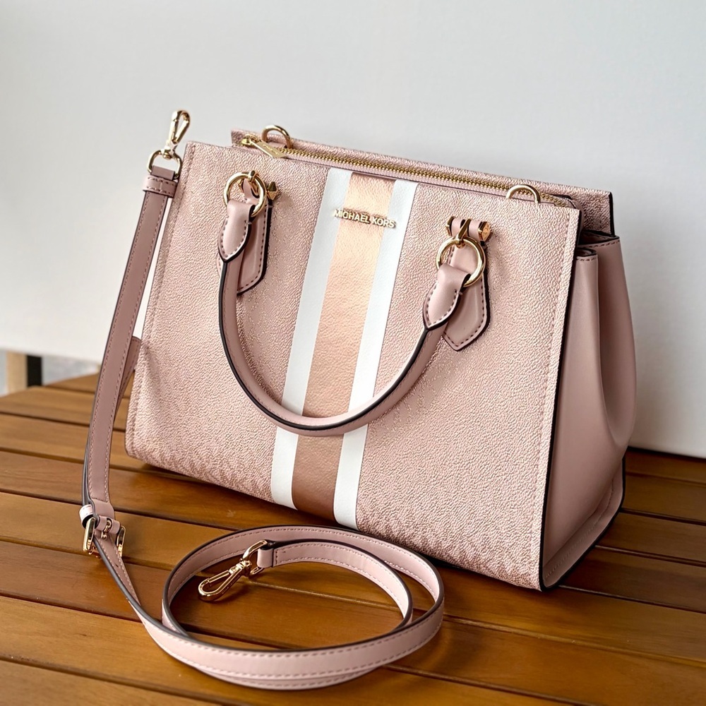 Michael Kors Blush Pink Signature Stripe Satchel - Picture 15 of 16